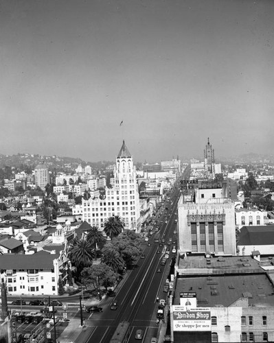 Aerial view of Hollywood Blvd., looking east