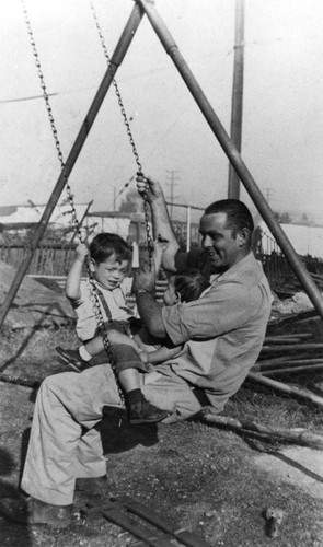 Family plays on swings