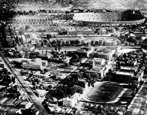 Aerial view of USC and Coliseum