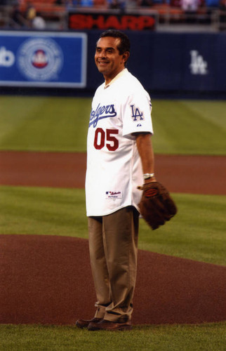 Antonio Villaraigosa near the pitching mound