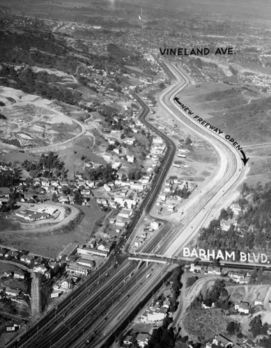 Aerial view of Hollywood Freeway extension at Barham Blvd