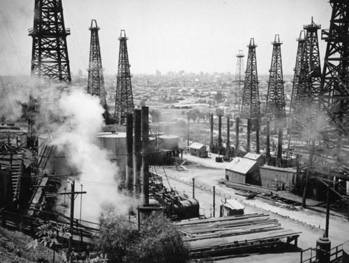 Heater treaters, derricks and the city from Signal Hill