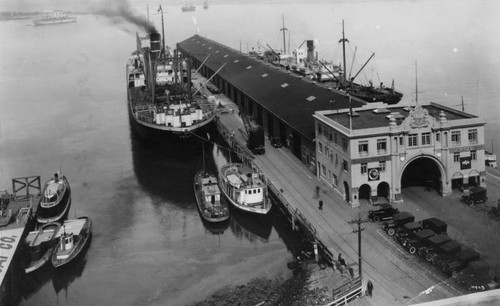 Ships docked at pier, San Diego