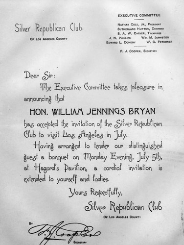 Williams Jennings Bryan banquet invitation