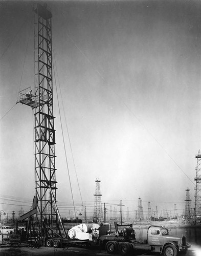 Oil derrick with platform, Long Beach