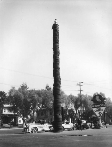 Sitting on a stack of tires, view 1