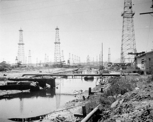 Grand Canal and oil derricks, Venice