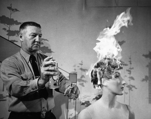 Aerosol spray can ignite woman's hair — Calisphere