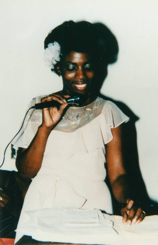 Woman on microphone at beauty contest