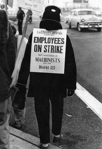 Woman striker carries sign on back