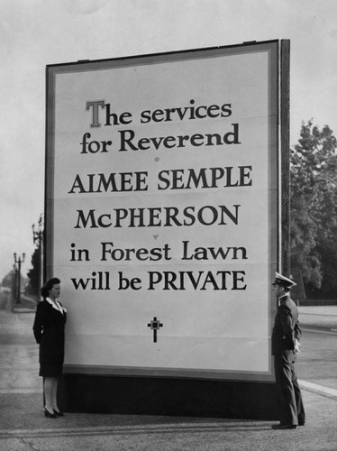 Sign for funeral service for Aimee Semple McPherson