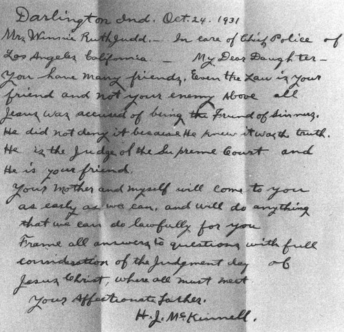 Letter from Winnie Ruth Judd's father