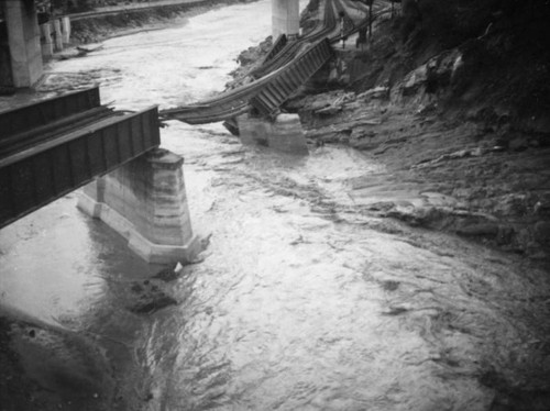 L.A. River flooding, twisted Dayton Avenue railroad tracks