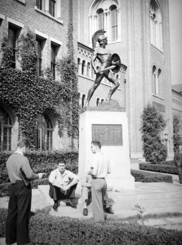 Tommy Trojan in front of Bovard Auditorium at U.S.C