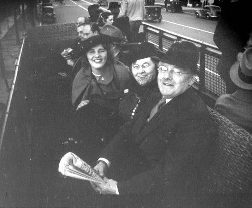 Ethel Schultheis and parents on double-decker bus on Sunset