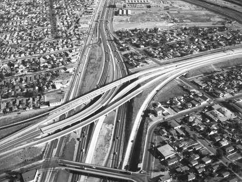 Santa Ana Freeway and Long Beach Freeway interchange, looking east