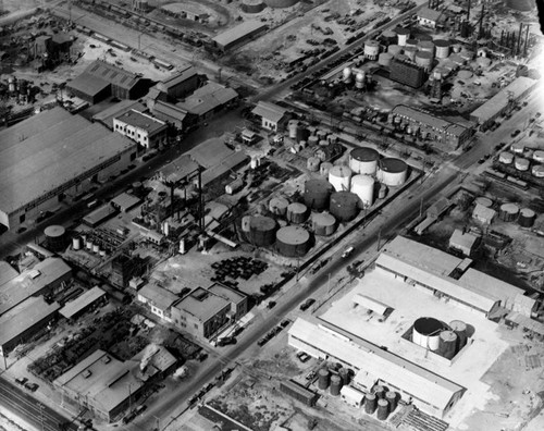 Aerial view of oil refinery tanks, view 4