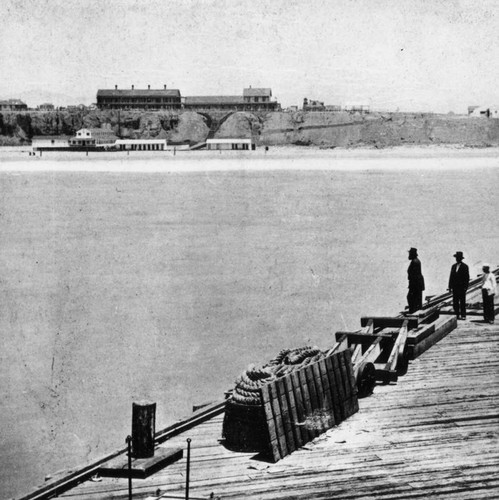 View of bath house and Santa Monica Hotel