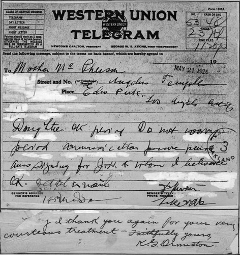 Telegram to Ma Kennedy