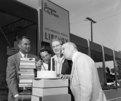 Books and a cake at Panorama City Branch