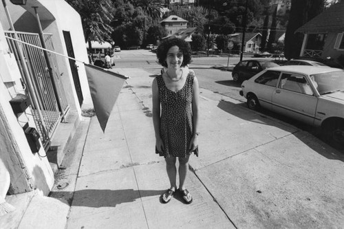 Woman in print dress and sandals, Echo Park