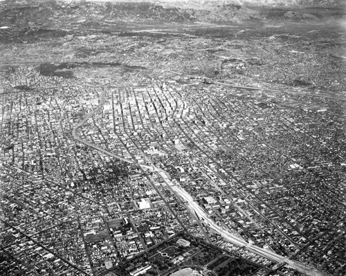 Exposition Park, Civic Center, and 110 Freeway, looking northeast