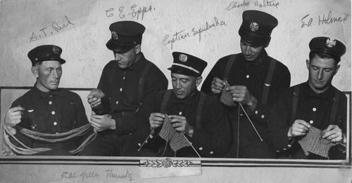 Firemen learning to knit