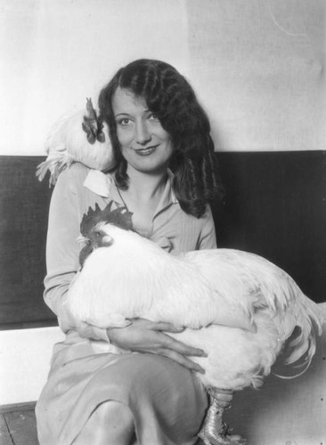 Woman sitting with roosters