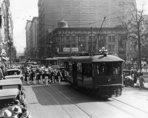 U.C.L.A. Band marching down 5th Street