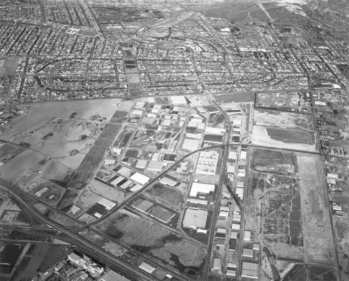 Aerial view of Vail Field and Central Manufacturing District, looking north