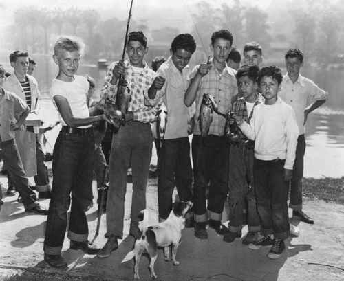 Boys with fish caught in Echo Park lake