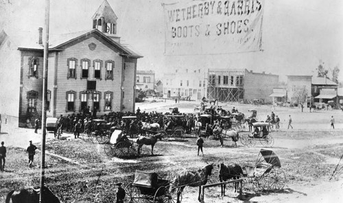 Group gathers outside school, Pasadena