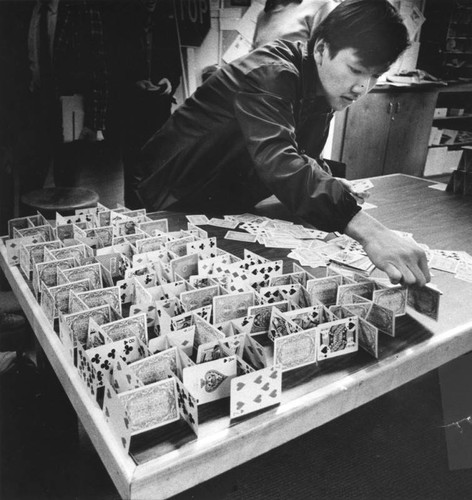 Students hold a card house building contest