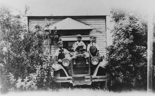 Japanese American boys sitting on car