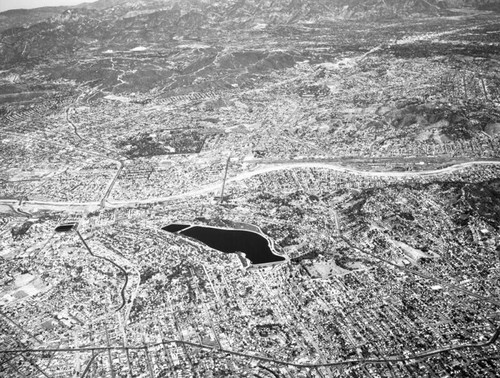 Aerial view of Los Angeles and Silver Lake Reservoir, looking northeast