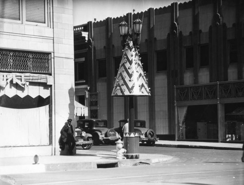 Christmas decorations on Hollywood Blvd, view 1