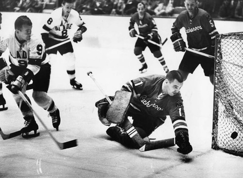 Everybody's watching Lloyd Haddon's shot go in for Blades at Sports Arena