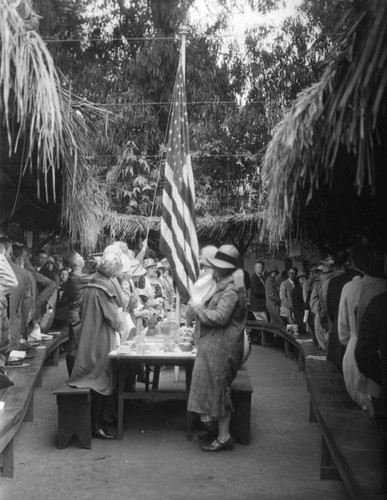 Group picnic with flag