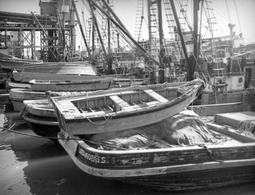 Boats by a Van Camp Seafood Company ramp at Terminal Island