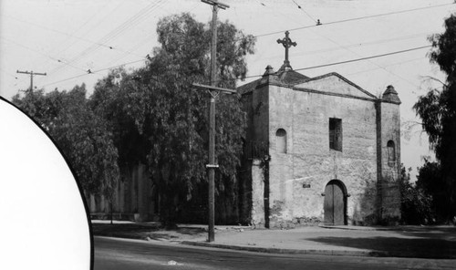 Early view of Mission San Gabriel Arcangel and Mission Drive