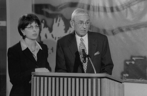 Lucy McCoy and Eli Broad, news conference