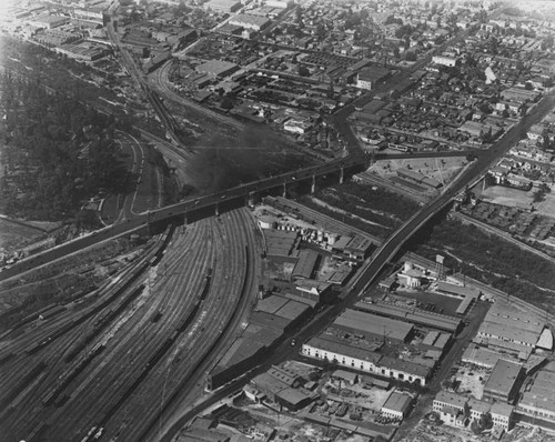 Aerial view of business district with river