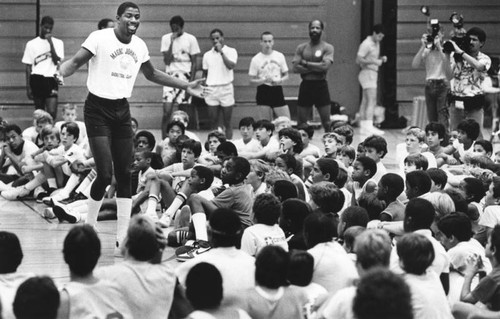 Trying to get the excitement rolling at basketball camp