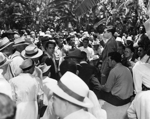 Speaker addresses crowd, Pershing Square