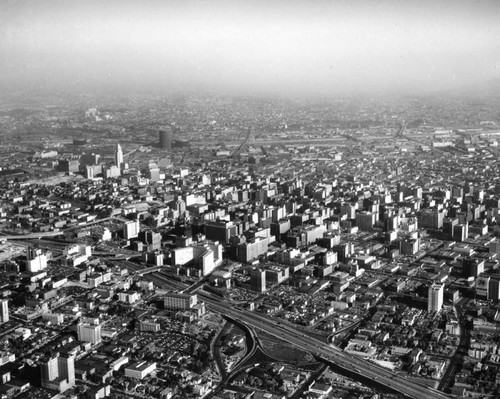 Aerial view of Downtown Los Angeles, looking east