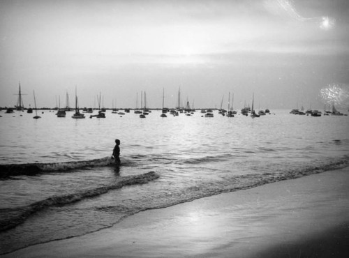 Numerous yachts and a lone child share the ocean