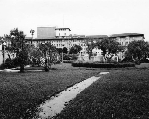 Ambassador Hotel and gardens, looking north