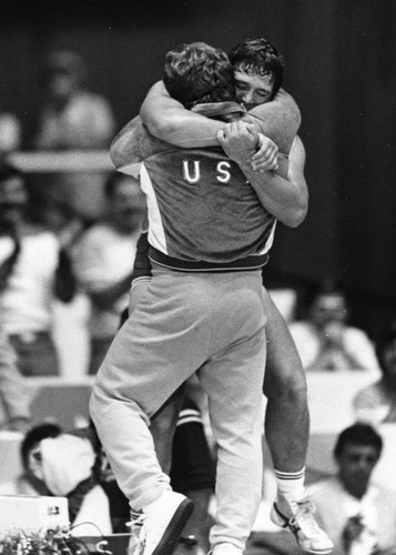 Jeff Blatnick hugs coach