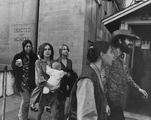 Manson Family members outside of court — Calisphere