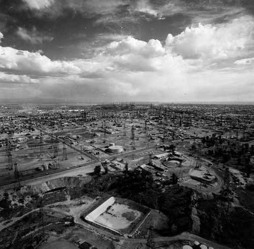 Aerial view of a large oil field